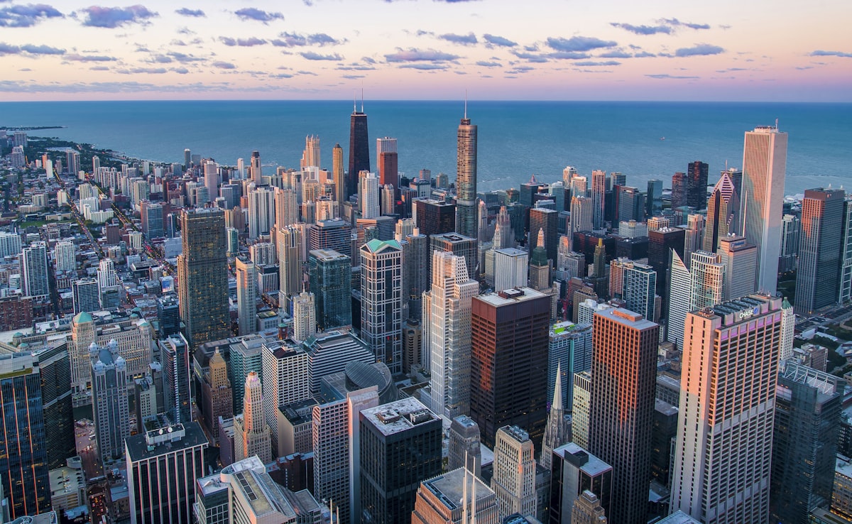Downtown Chicago skyline at sunset with Lake Michigan in the background