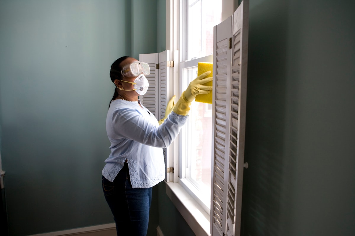 Janitorial professional with personal protective equipment